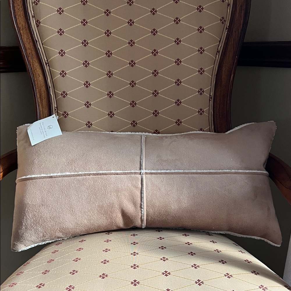 Pottery Barn Faux Shearling Tan Suede Feather Down Insert Lumbar Pillow. NWT.